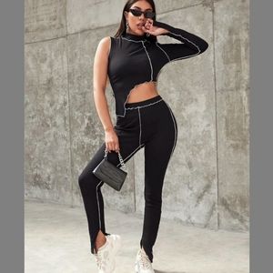 Black One Shoulder Asymmetrical Top & Leggings Set